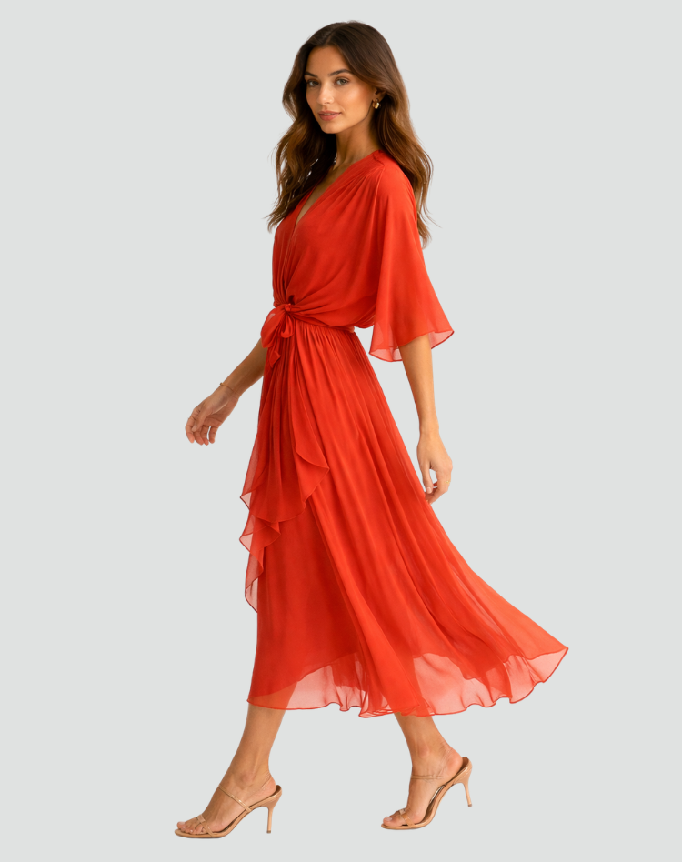 Elegant Damekjole Midi med Slå-om-hals og Bindebånd - - Damekjoler - {{ product_tags }