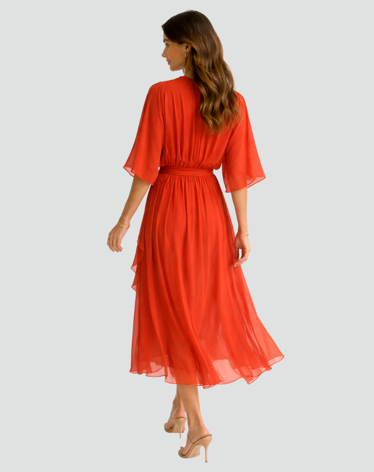 Elegant Damekjole Midi med Slå-om-hals og Bindebånd - Grå - Damekjoler - {{ product_tags }