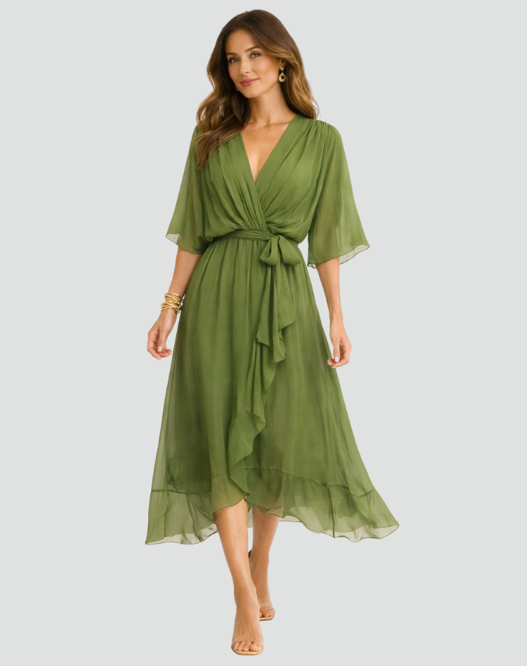 Elegant Damekjole Midi med Slå-om-hals og Bindebånd - - Damekjoler - {{ product_tags }