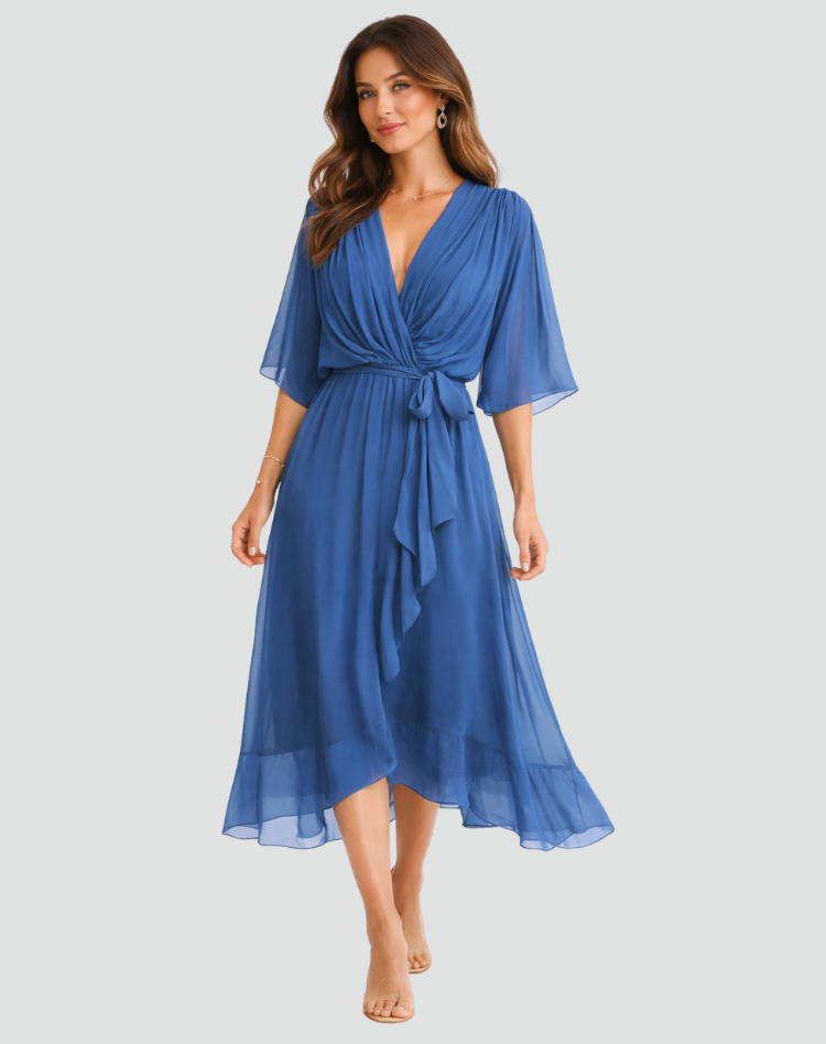 Elegant Damekjole Midi med Slå-om-hals og Bindebånd - Blå - Damekjoler - {{ product_tags }