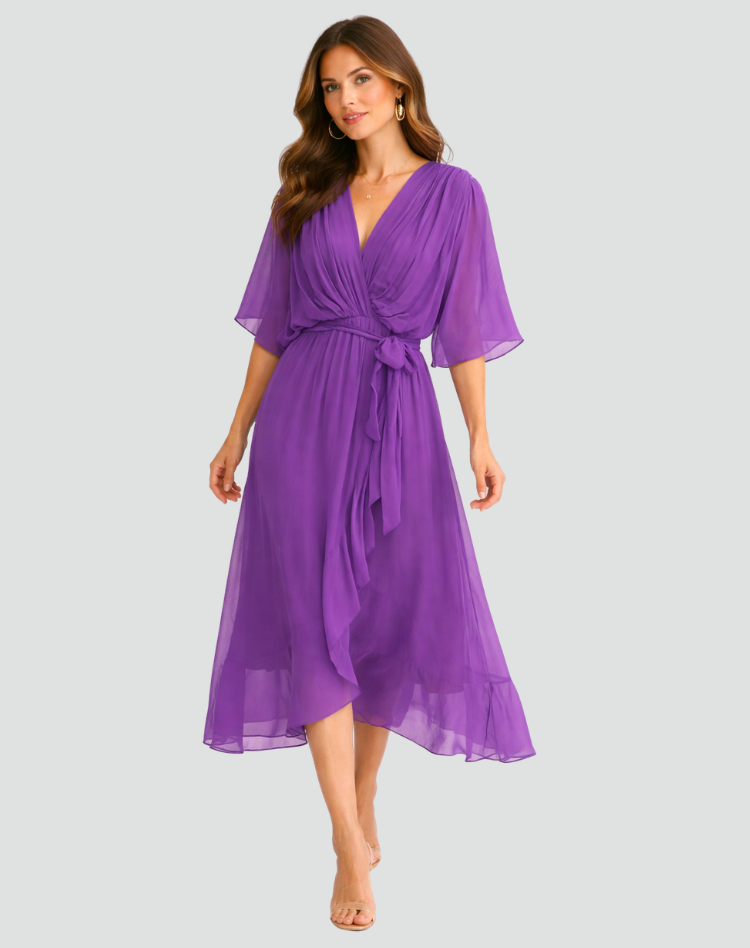 Elegant Damekjole Midi med Slå-om-hals og Bindebånd - Lilla - Damekjoler - {{ product_tags }