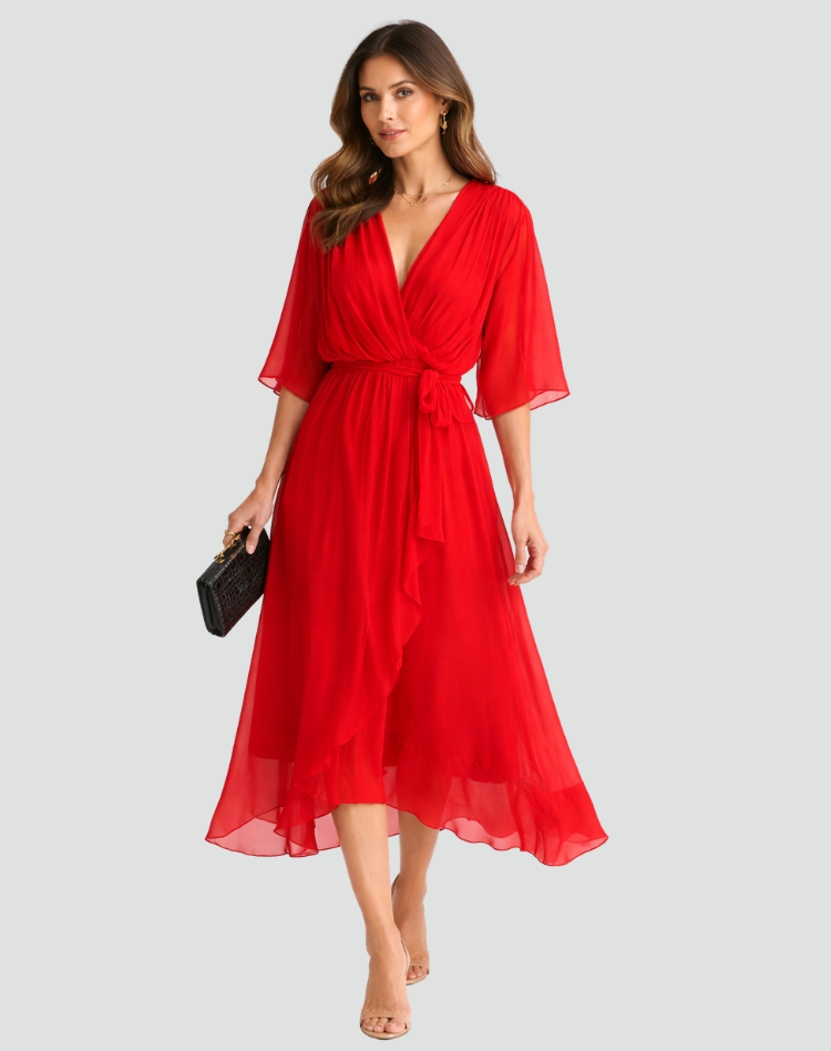 Elegant Damekjole Midi med Slå-om-hals og Bindebånd - Rød - Damekjoler - {{ product_tags }