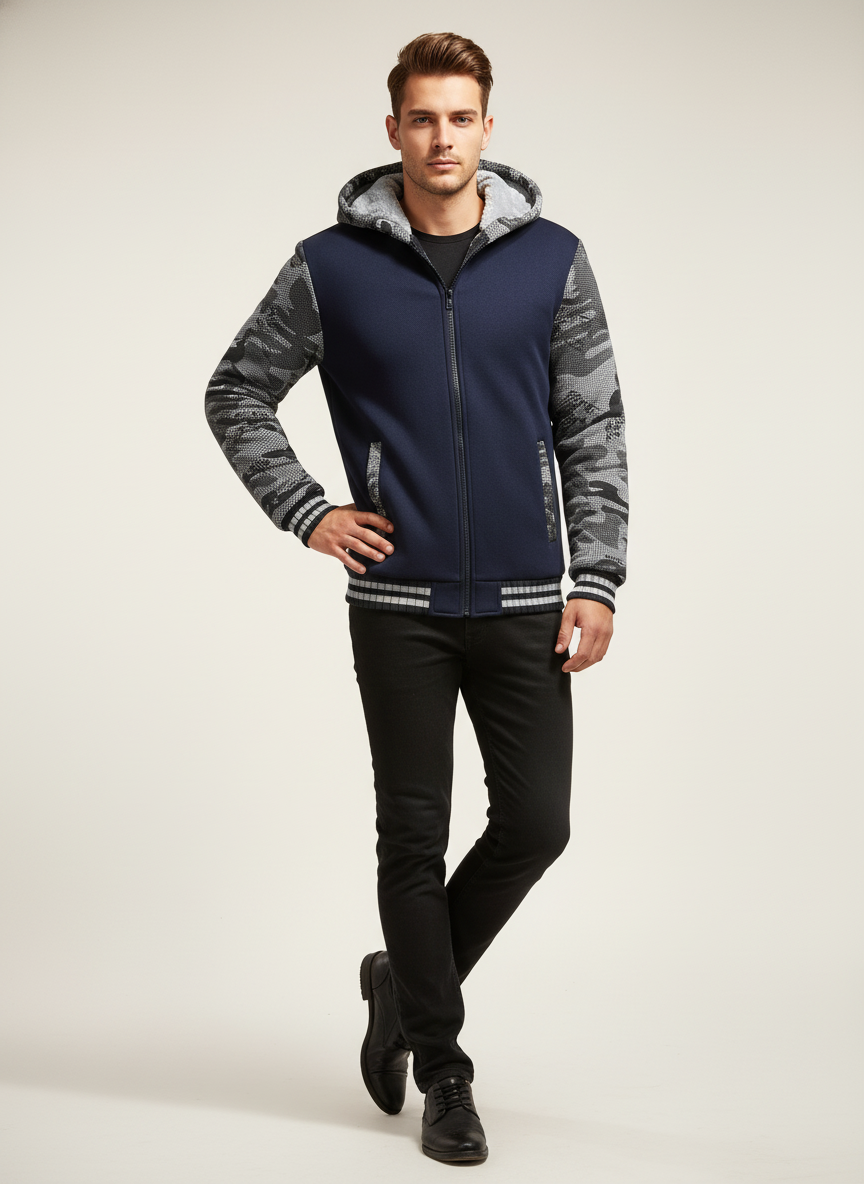 Herre Varm Fleece Hættejakke i Colorblock-Design