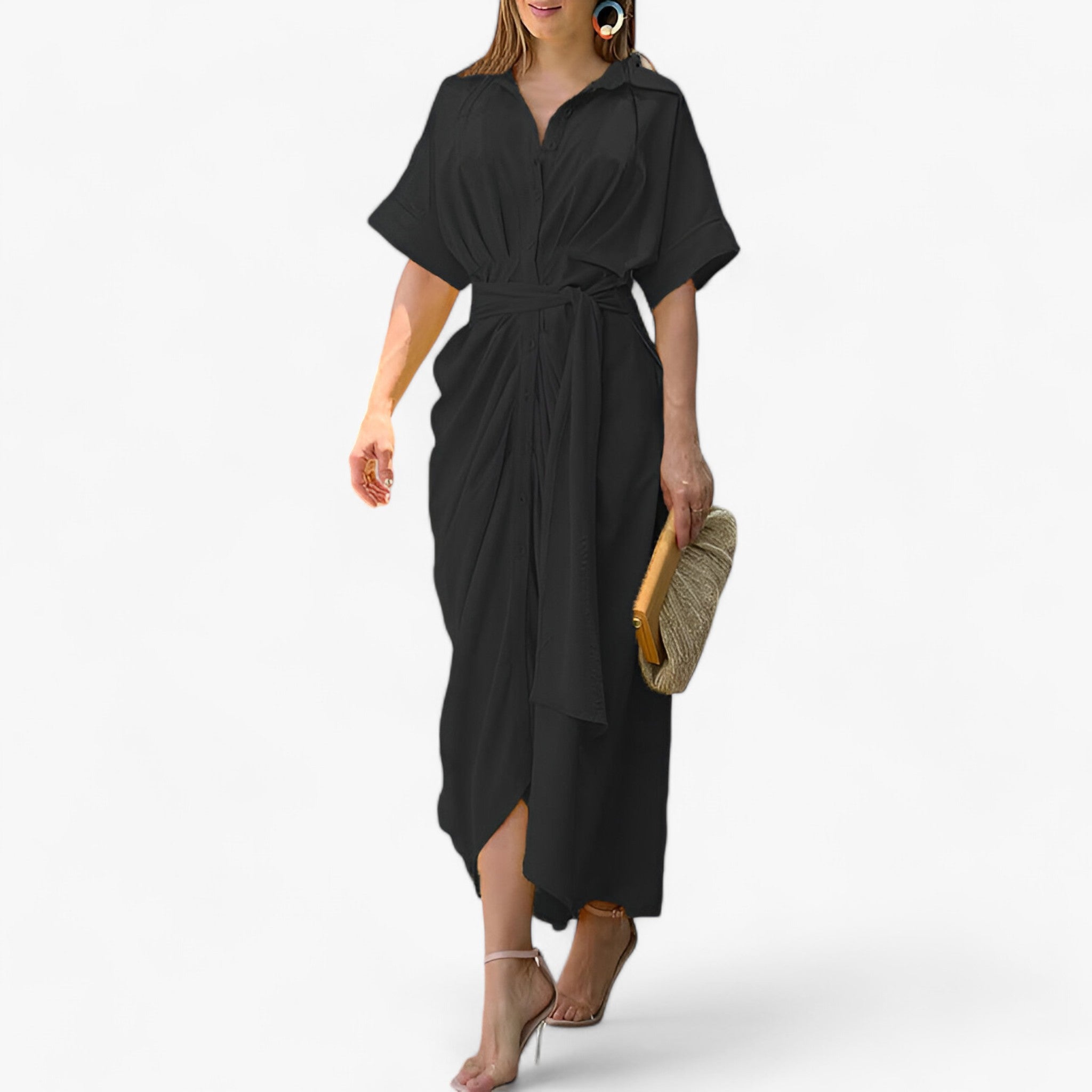 VALERIA - Elegant midikjole - Raffineret stil med krave og bindebælte - Sort - women's fashion - {{ product_tags }