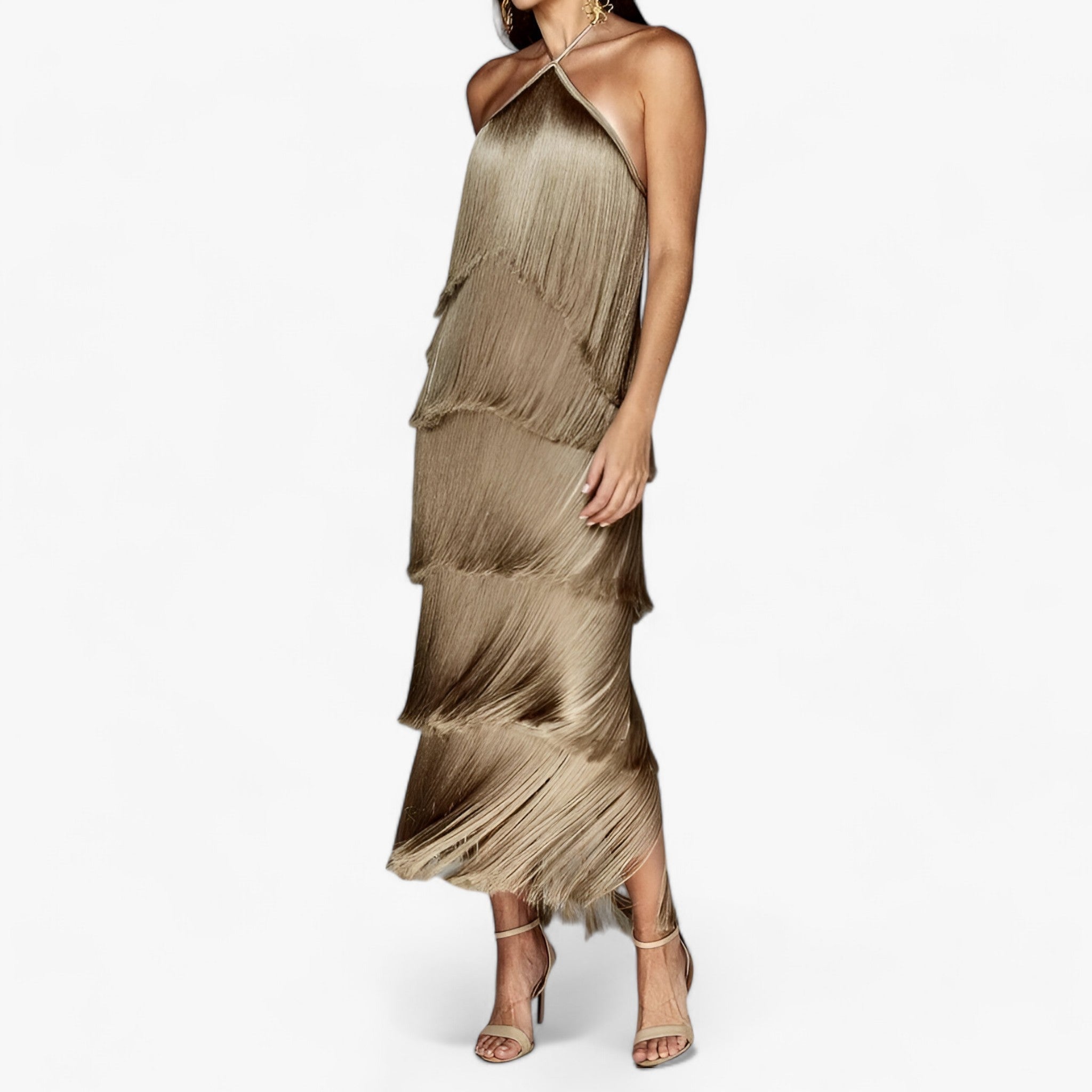 Serena | ærmeløs halterneck kjole - glamourøse frynse detaljer - Brun - SERENA - ærmeløs halterneck kjole - glamourøse frynse detaljer- $25 - {{ product_tags }