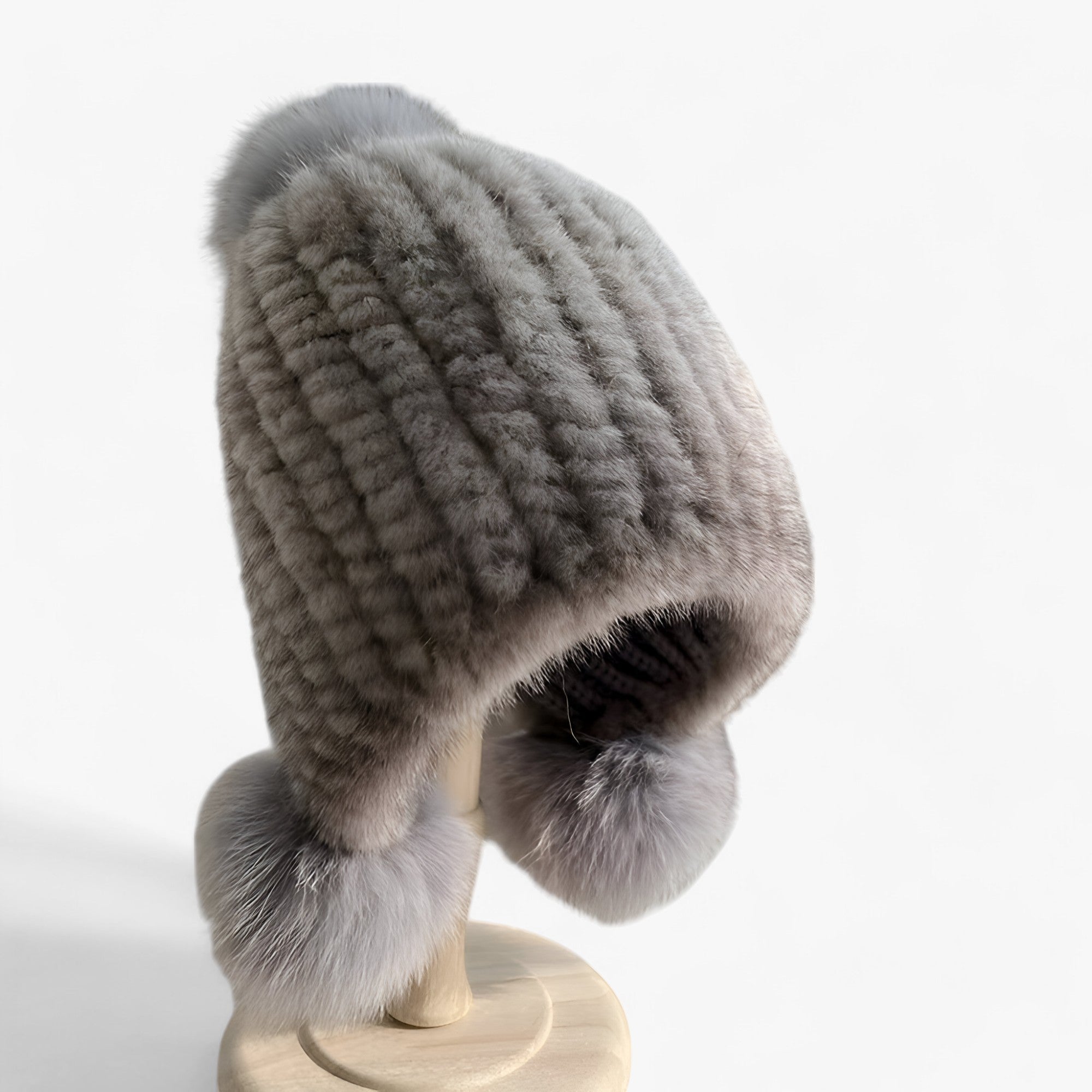 Simmie | Hue i minkpels - Luksuriøs varme med rævpels-pompom - grå 2 Gummibånd - winter - {{ product_tags }