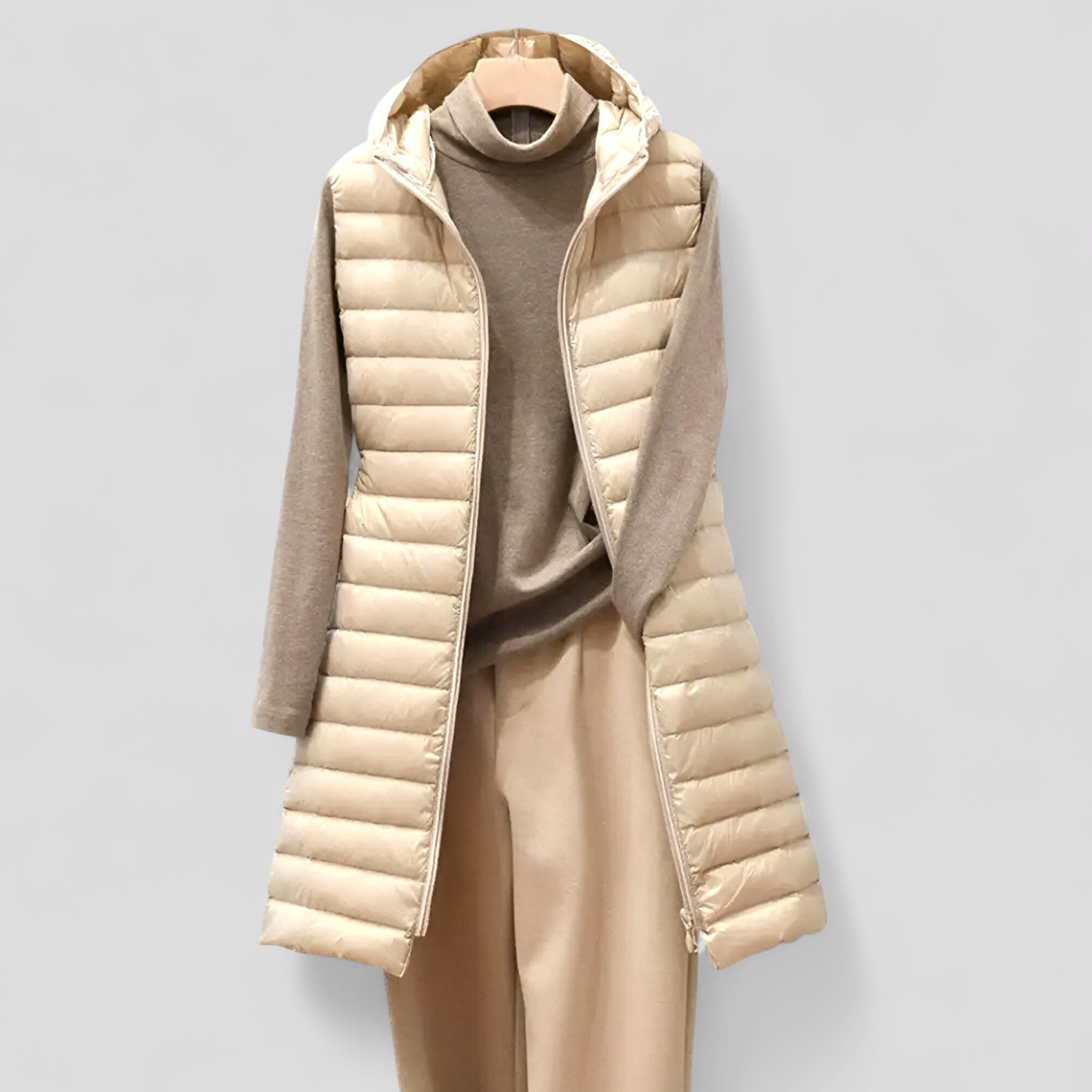 Celeste | Gilet frakke til kvinder - Behagelig varme mellemlang - Khaki - women's fashion - {{ product_tags }