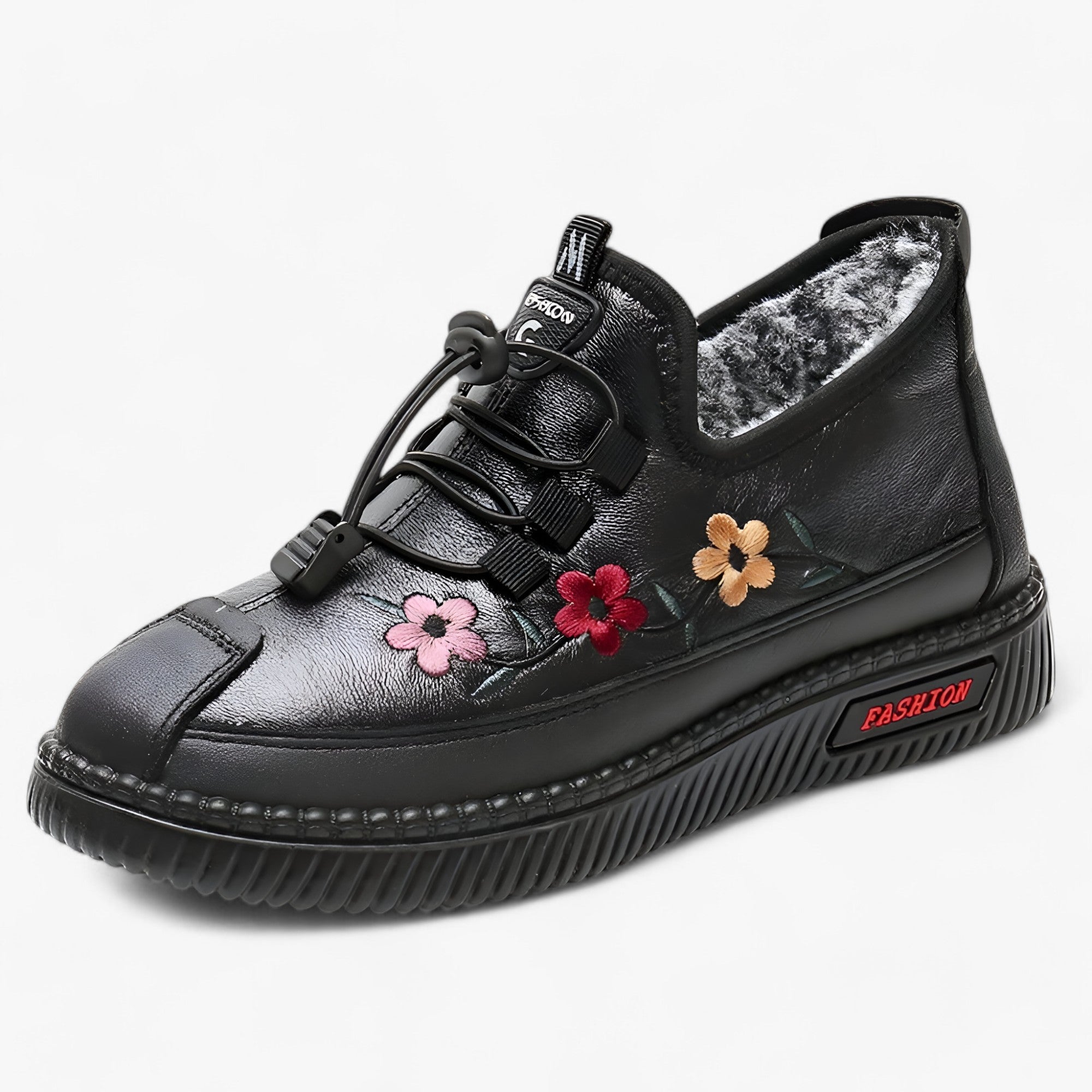 Grace | Lædermokkasiner med pels - Blød varme for komfort til ældre mennesker - Sort Plyschfigur - shoes - {{ product_tags }