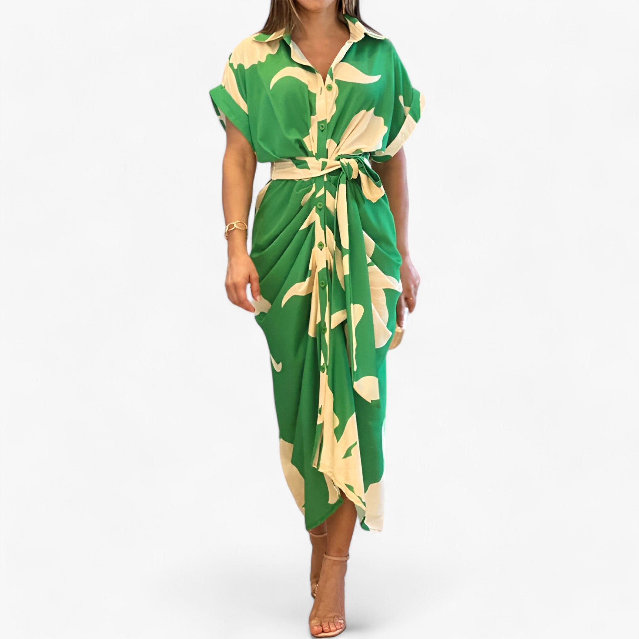 VALERIA - Elegant midikjole - Raffineret stil med krave og bindebælte - Grøn - women's fashion - {{ product_tags }