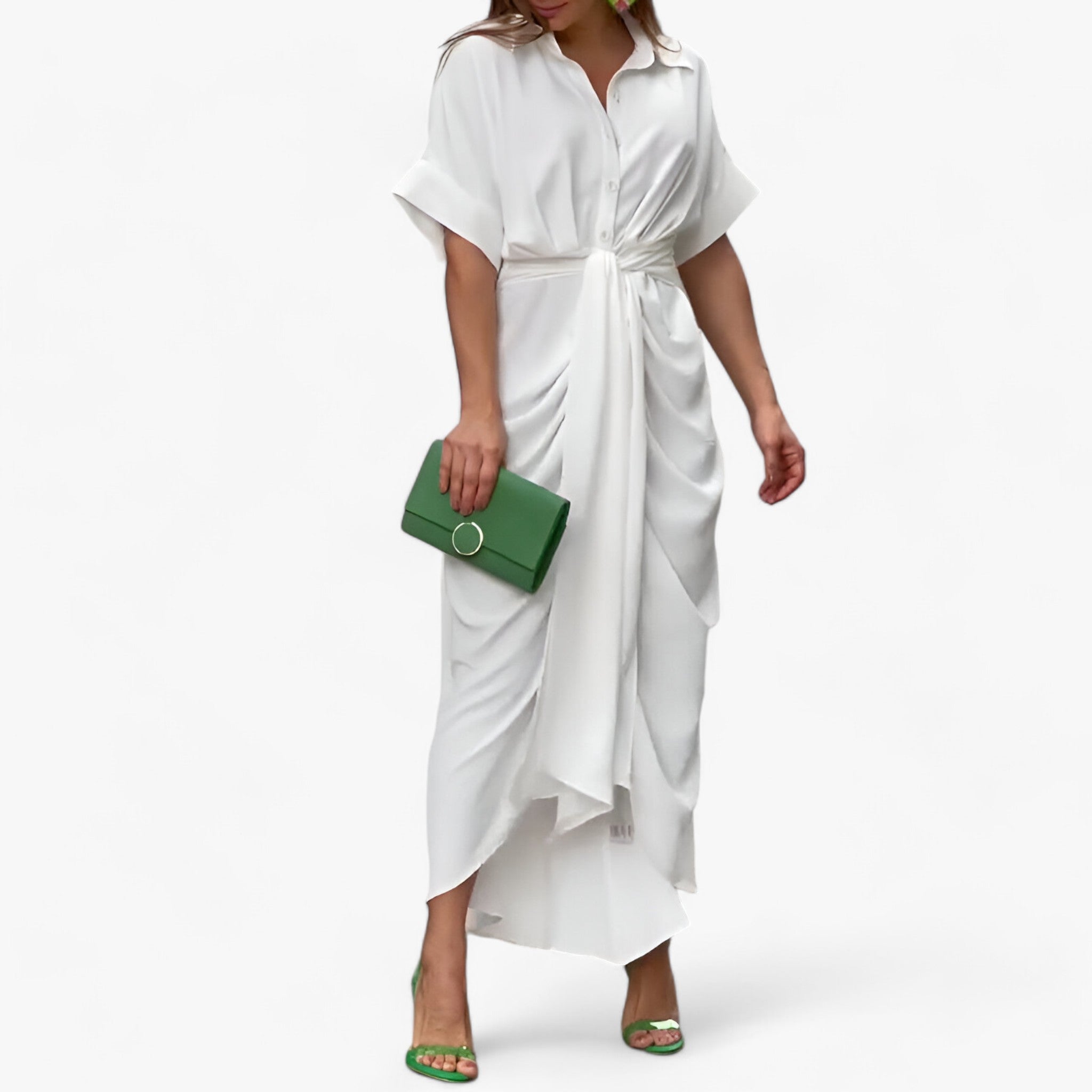 VALERIA - Elegant midikjole - Raffineret stil med krave og bindebælte - Hvid - women's fashion - {{ product_tags }