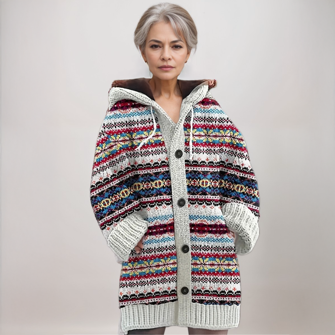 Dame Hættet Strikcardigan med Fair Isle Mønster