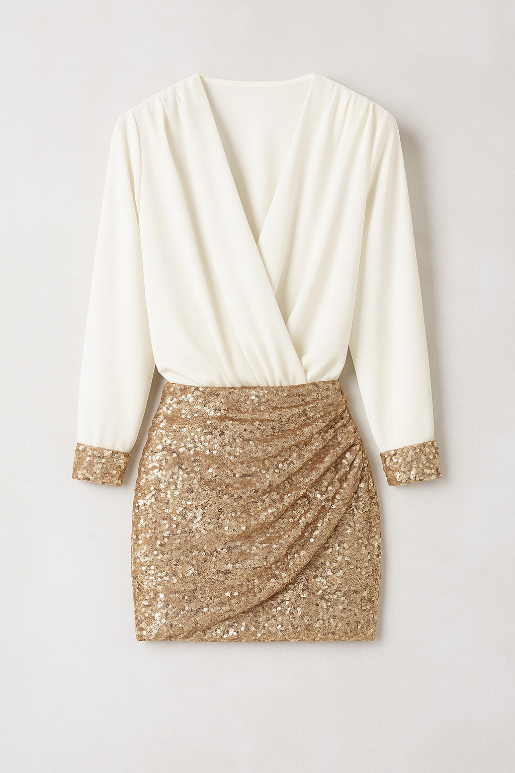 Hollis | Sæt med wrap-bluse og pailletteret miniskørt - Hvid-Guld - Hollis | Sæt med wrap-bluse og pailletteret miniskørt- €25 - {{ product_tags }